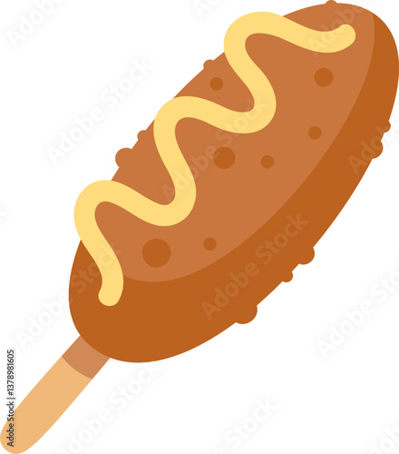 Korean corn dog featuring a wavy mustard topping on a wooden stick, embodying the vibrant street food culture and culinary trends of Korea, perfect for casual snacking