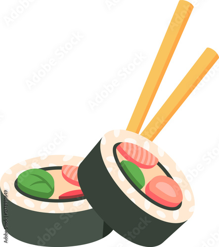 Two maki pieces with wooden chopsticks showing rice, nori seaweed, tuna, salmon and vegetables filling ingredients, representing Japanese cuisine and healthy eating habits