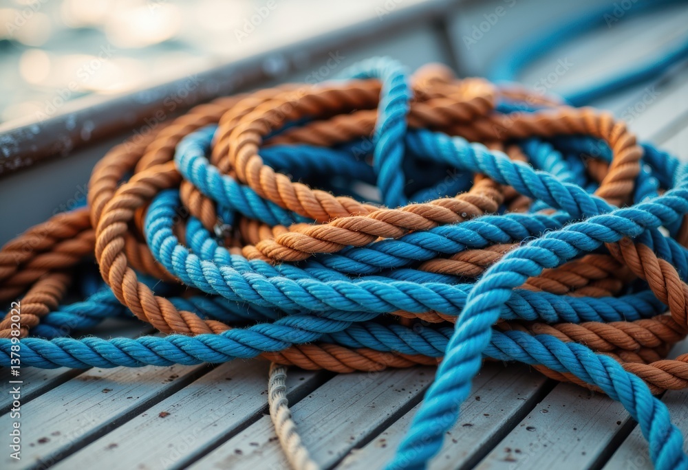Fototapeta premium Colorful ropes in blue and orange coiled on a wooden surface
