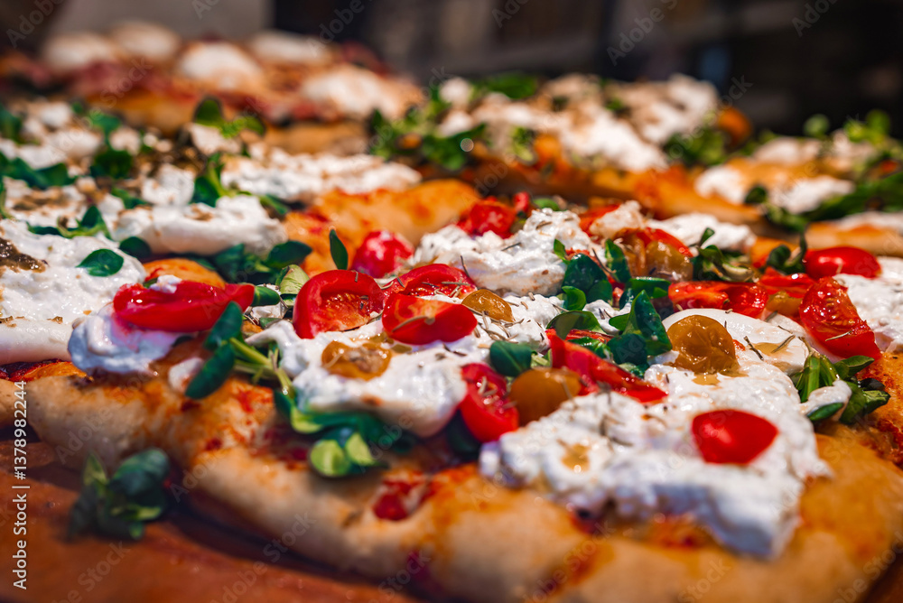Freshly baked pizza with golden crust, cherry tomatoes, creamy cheese, greens, and olives, reflecting Italian culinary traditions in Bergamo, Italy. Freshly baked pizza with golden crust, cherry tomatoes, creamy cheese, greens, and olives, reflecting Italian culinary traditions in Bergamo, Italy.