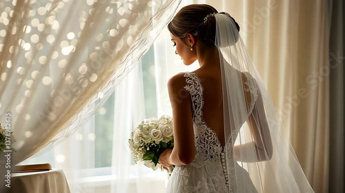 Bridal preparation scene with wedding dress and soft lighting