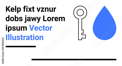 Key alongside a blue water droplet and abstract text placement in clean minimalist style. Ideal for security, conservation, minimalism, design concepts, modern branding, education, and simple landing