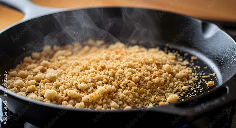 Golden breadcrumbs toasting in a black cast iron skillet on the stovetop Golden breadcrumbs toasting in a black cast iron skillet on the stovetop