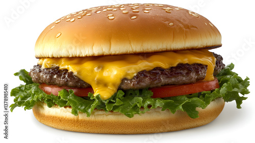 Wallpaper Mural A gourmet cheeseburger with lettuce, tomato, and melted cheese, natural lighting, soft shadows beneath, no reflections, no background elements, a clean cutout effect, on a pure white background. Torontodigital.ca