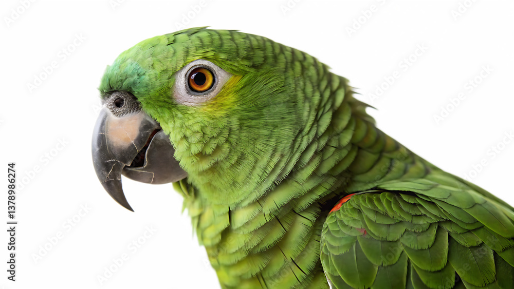 Fototapeta premium Close up profile of a vibrant green amazon parrot with detailed feathers and beak