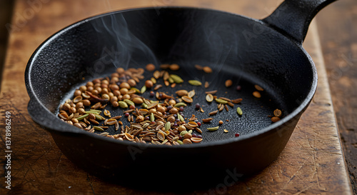 Fototapeta Naklejka Na Ścianę i Meble -  Aromatic spices gently toasting in a rustic cast iron skillet on wood surface