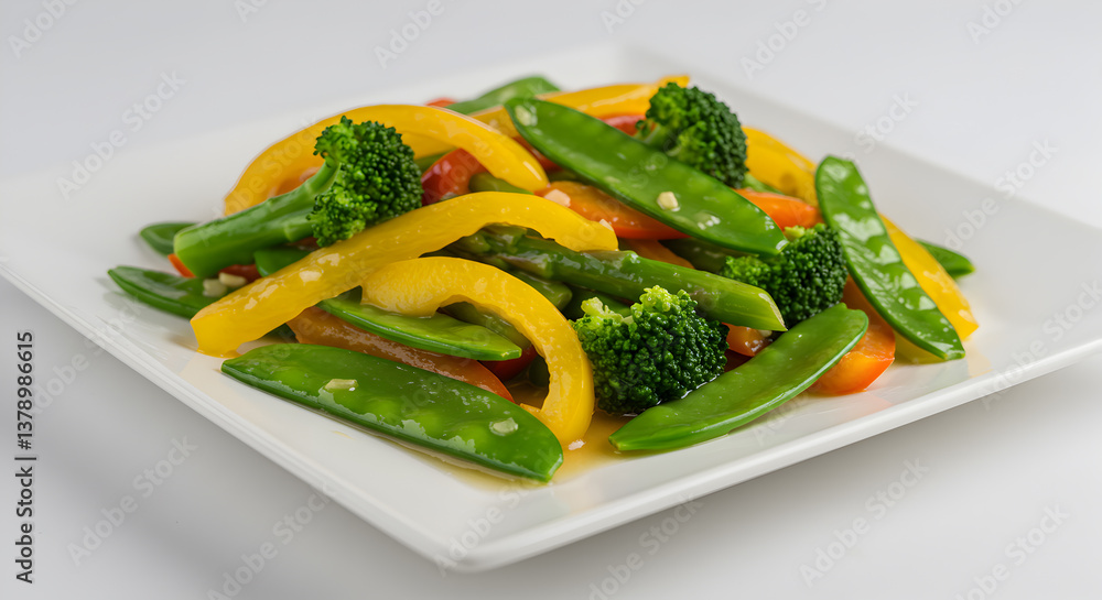 Delightful stir-fry vegetables medley on a white plate offering vibrant colors Delightful stir-fry vegetables medley on a white plate offering vibrant colors