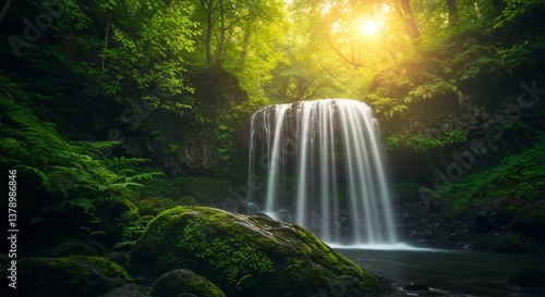 Serene Waterfall Lush Forest Sunlight. AI Generated