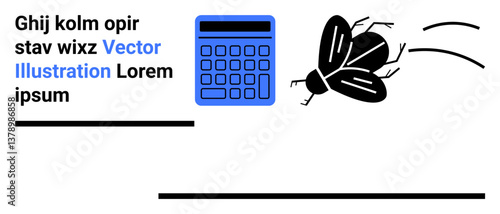 Blue calculator, buzzing black fly showing motion lines, placeholder text, and black horizontal lines. Ideal for education, finance, tech, creativity, motion abstract ideas simple landing page