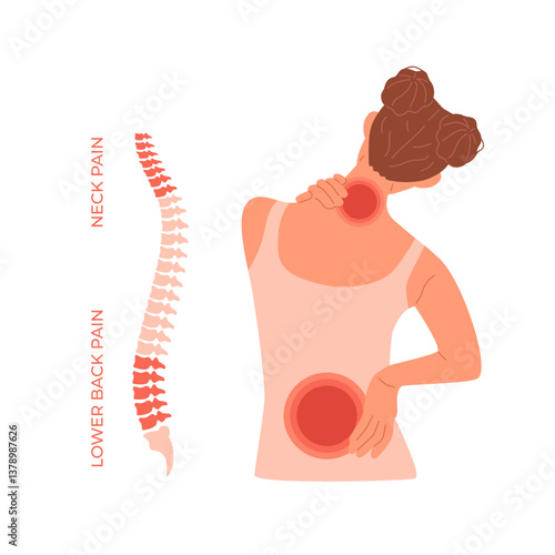 Vector woman with back pain in the cervical and lumbar spine. Flat sick girl with inflammation in the neck and lower back. Medical problem of backache