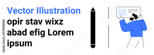 Black stylus pen beside blue-shirted figure presenting a digital concept. Ideal for creativity, teamwork, workflow, design thinking, collaboration, innovation, presentation, simple landing page