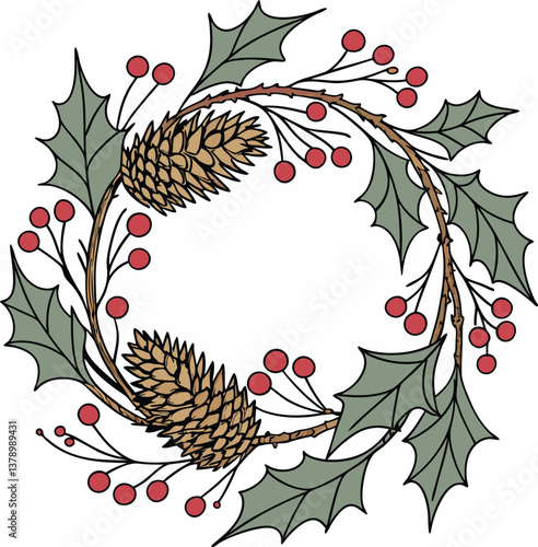 Festive Christmas Wreath With Holly, Berries, Pinecones, and Seasonal Decorations
