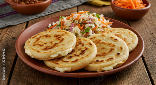 Delicious Salvadoran pupusas served with curtido on a rustic wooden table