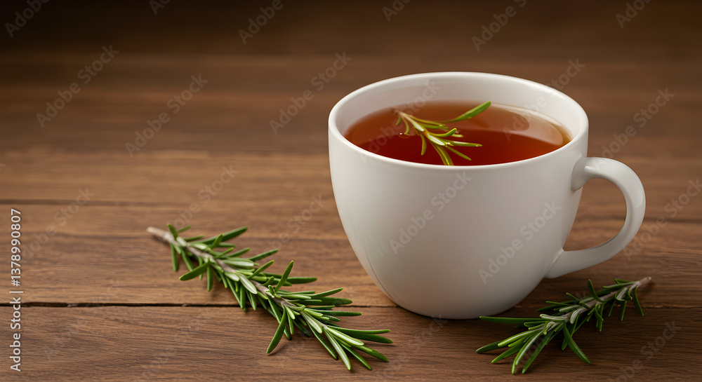 Aromatic rosemary tea infusion presented in a minimalist white cup on wooden table Aromatic rosemary tea infusion presented in a minimalist white cup on wooden table