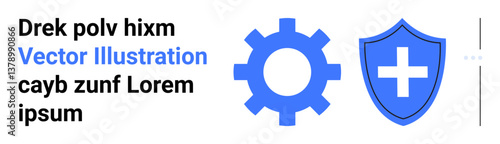 Minimal gear beside a blue shield with a cross, representing security and system efficiency. Ideal for technology, healthcare, cybersecurity, mechanism, protection, innovation, and simple landing