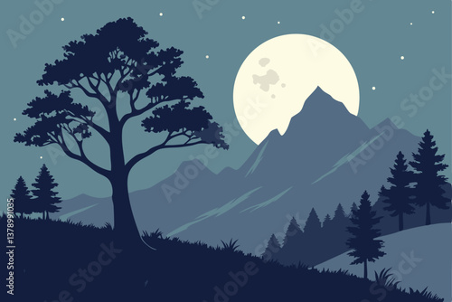 26 Night sky, full moon, starry night, silhouette landscape, mountain range, lone tree, dark blue palette, serene atmosphere, moonlit scene, ethereal glow, peaceful nature, minimalist composition, dre