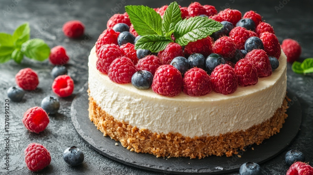 A cheesecake topped with fresh berries on a black plate A cheesecake topped with fresh berries on a black plate