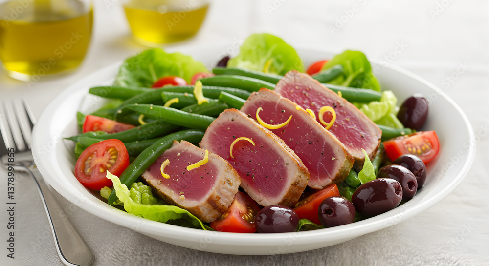 Seared tuna Nicoise salad with green beans, tomatoes and black olives Seared tuna Nicoise salad with green beans, tomatoes and black olives