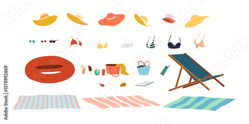Illustration showcasing various beach items including hats, swimwear, sunglasses, and accessories like chairs and bags, ideal for summer vacations.