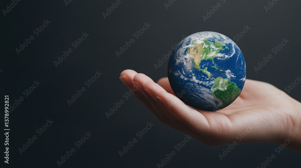Earth balanced on fingertips, fragile planet in human care Earth balanced on fingertips, fragile planet in human care