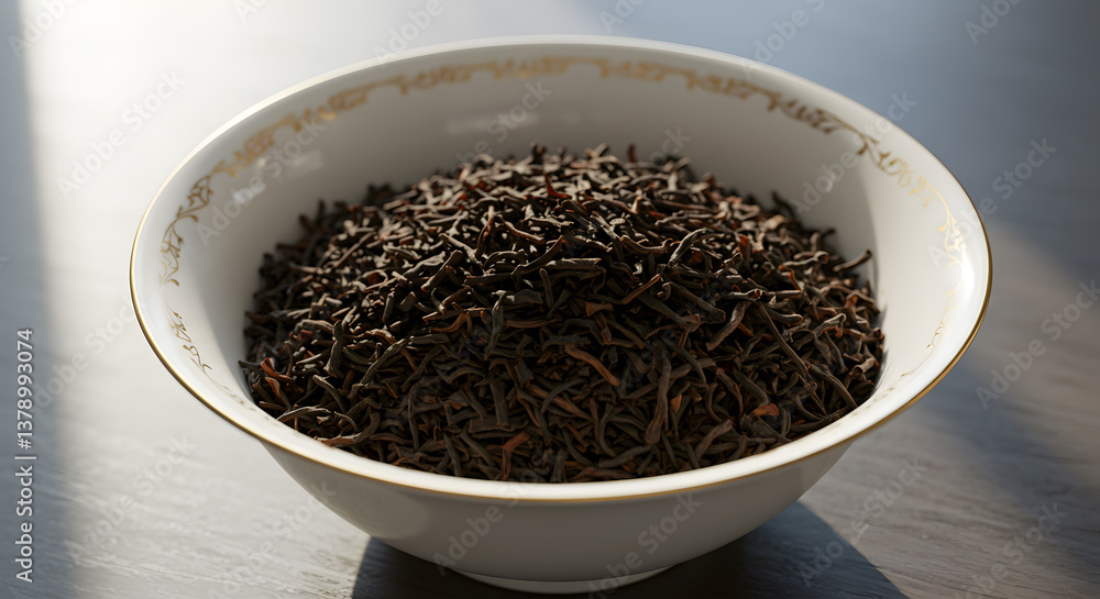 Elegant porcelain bowl overflowing with aromatic loose leaf black tea preparation Elegant porcelain bowl overflowing with aromatic loose leaf black tea preparation