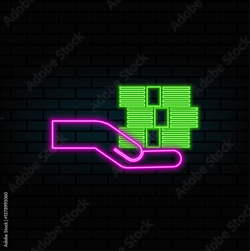 bundle of money in hand. Dollars in hand icon. neon style. Simple illustration of dollars in hand Vector icon for web design