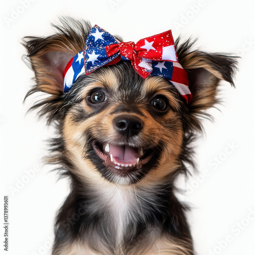 Happy Dog in Headband Patriotic USA Red White and Blue Bow Headband for July 4th and Memorial Day, Smiling Yorkie Terrier Transparent PNG