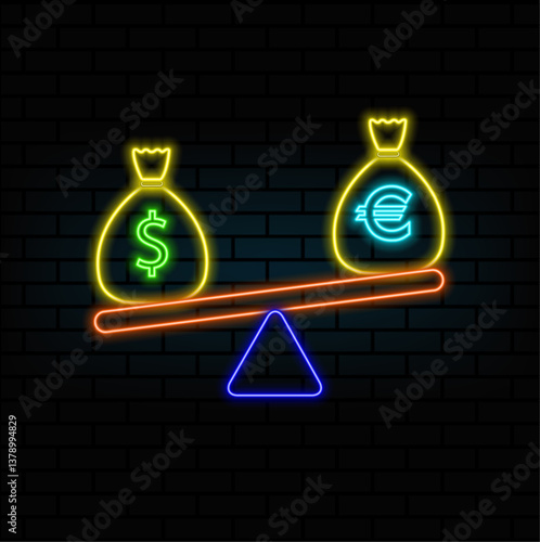 Euro & dollar balance sheet. Correlation Euro & Dollar. neon style. dollar and euro signs on a balance. balance between dollar and euro.