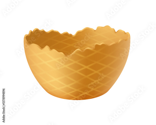 Illustration of an empty waffle bowl featuring a crisscross pattern. Ideal for serving ice cream or other desserts. The bowl showcases a light brown hue and textured detail.