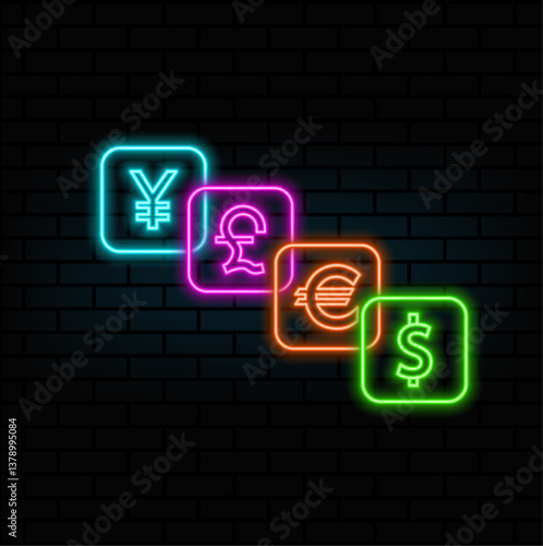 Exchange sign icon. Money Converter. neon style. World currencies symbol.Dollar Euro Pound and Yen currency icons. neon. USD EUR GBP and JPY money sign symbols for web and app