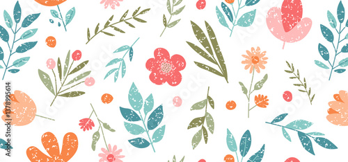 Spring flower crayon seamless pattern, cute kid pastel floral background, color chalk childish plant print, pencil garden bg, bloom and leaf charcoal wallpaper. Painting hand drawn vector illustration