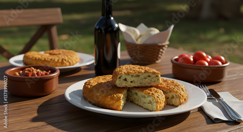 Fototapeta Naklejka Na Ścianę i Meble -  Uruguayan reviro: Rustic cornmeal cakes with eggs outdoor dining setting