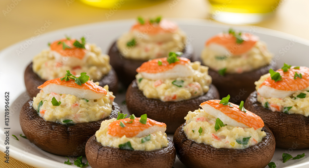 Crab Stuffed Mushroom Appetizers Garnished with Fresh Parsley Delighting Foodies Crab Stuffed Mushroom Appetizers Garnished with Fresh Parsley Delighting Foodies