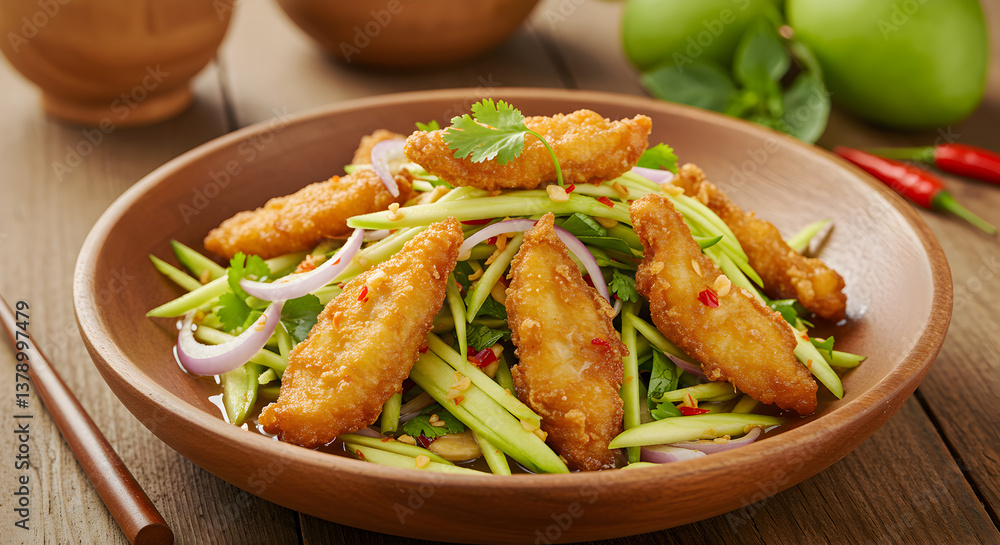 Delicious Thai Crispy Catfish Salad with Green Mango and Vibrant Fresh Ingredients Delicious Thai Crispy Catfish Salad with Green Mango and Vibrant Fresh Ingredients
