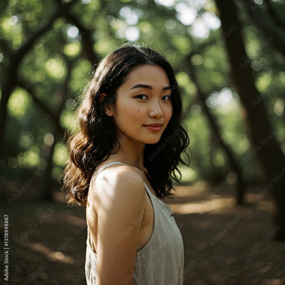 Naklejka premium Mulher jovem olhando para câmera em um ambiente de natureza, com árvores ao fundo.