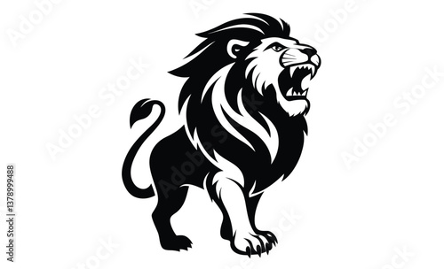 Roaring lion vector icon silhouette, roaring lion vector art, jumping silhouette roaring lion vector icon isolated on white background