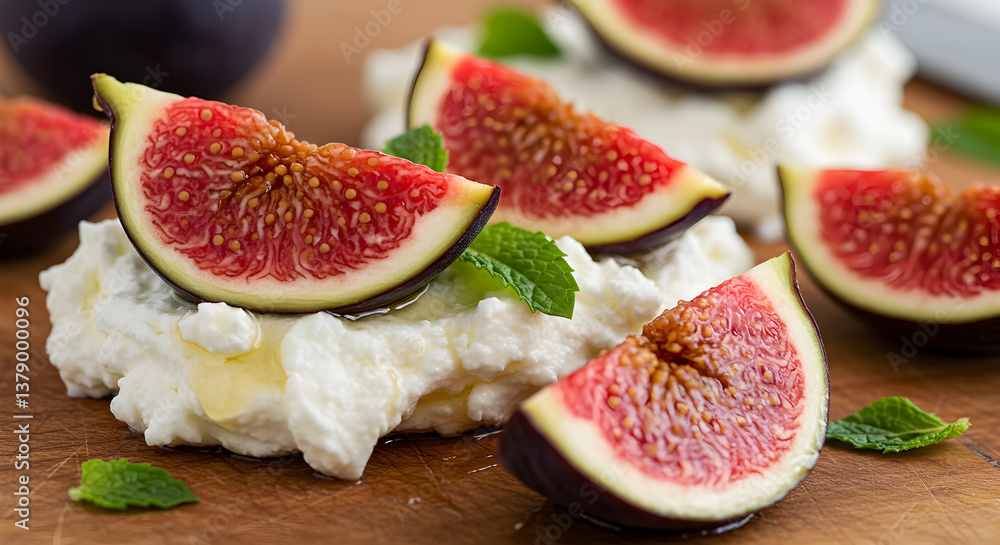 Delicious fig wedges atop creamy goat cheese, garnished with fresh mint leaves Delicious fig wedges atop creamy goat cheese, garnished with fresh mint leaves