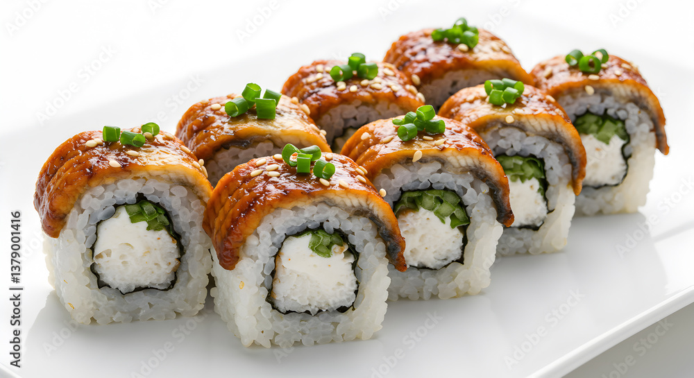 Delicate Unagi Sushi Rolls Drizzled with Sweet Sauce on a White Plate Delicate Unagi Sushi Rolls Drizzled with Sweet Sauce on a White Plate