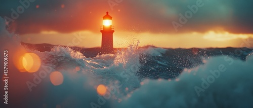 A mighty lighthouse stands resilient against crashing waves, its light guiding through the stormy sea under a moody sky.
