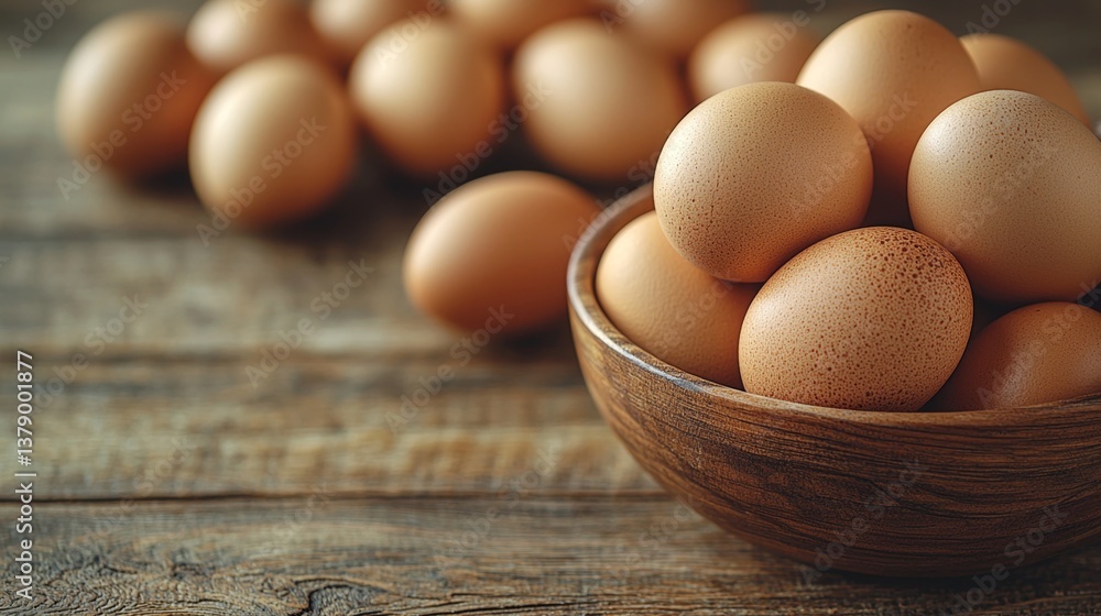 A wooden bowl filled with brown eggs on top of a wooden table