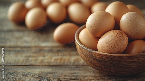 Obraz na płótnie A wooden bowl filled with brown eggs on top of a wooden table w salonie