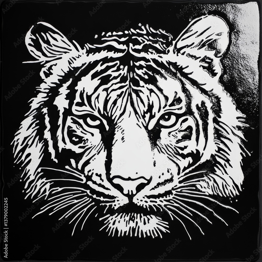 A black and white drawing of a tiger's face A black and white drawing of a tiger's face