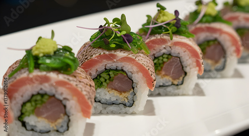 Exquisite kue longtooth grouper sushi rolls topped with greens on white plate