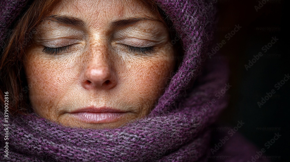 A woman with her eyes closed wearing a purple scarf A woman with her eyes closed wearing a purple scarf