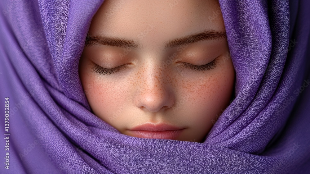 A woman with freckles wrapped in a purple scarf A woman with freckles wrapped in a purple scarf
