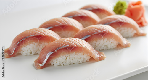 Elegant arrangement of Madai sea bream sushi on a pristine white plate surface
