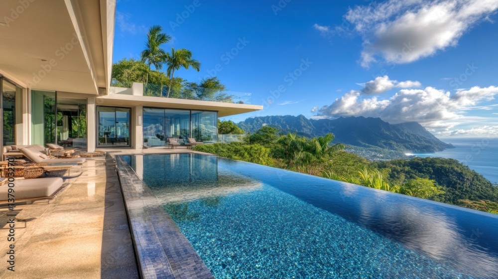 Luxury villa with infinity pool overlooking breathtaking mountain and coastal scenery Luxury villa with infinity pool overlooking breathtaking mountain and coastal scenery