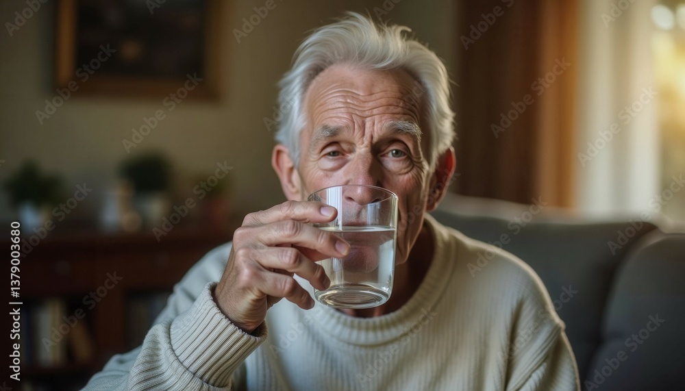 An older man is drinking water from a glass. Concept of relaxation and comfort, as the man is sitting on a couch while enjoying his drink An older man is drinking water from a glass. Concept of relaxation and comfort, as the man is sitting on a couch while enjoying his drink