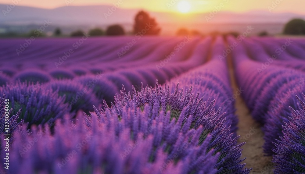 Obraz premium A field of lavender flowers with a sun in the background. The sun is setting, casting a warm glow over the field. The flowers are purple and are arranged in rows, creating a sense of order
