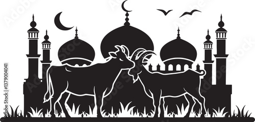 Eid Al Adha Goat Silhouette Mosque Islamic Illustration